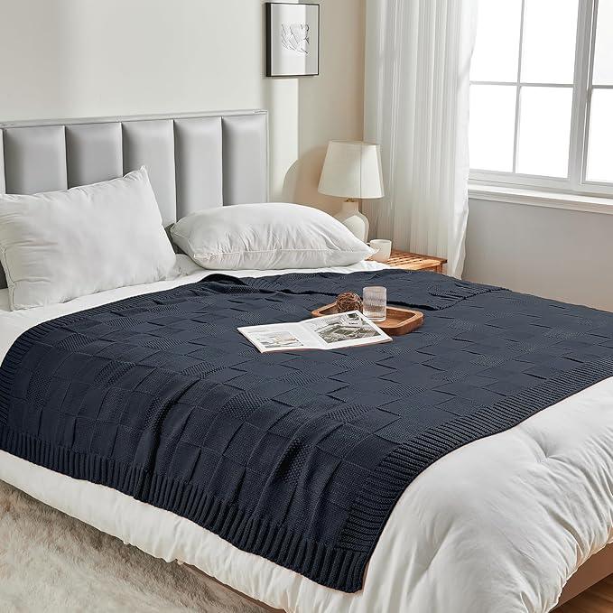CozeCube Check Knit Throw Blanket, Midnight Navy Checkered Throw for Couch, Decorative Christmas Soft Cozy Warm Knitted Blanket for Bed Sofa Living Room, 60