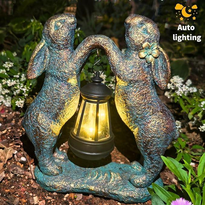 Garden Statues Rabbit with Solar Lantern, Outdoor Bunny Figurines Decorations for Patio Yard Lawn Ornaments, Gifts for Mom/Grandma Birthday Easter Housewarming
