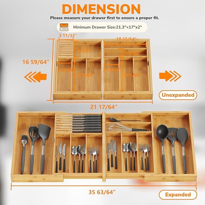 BAMEOS Expandable Silverware Drawer Organizer with Removable Knife Blocks, Bamboo Kitchen Utensil Holder from 21