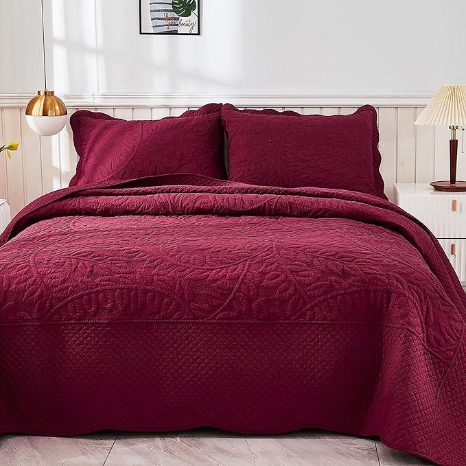 MarCielo 3-Piece 100% Cotton Oversized Bedspread Lightweight Quilt Coverlet Embroidery Farmhouse Bedding Set T0 (Wine Burgundy, Oversized King (118