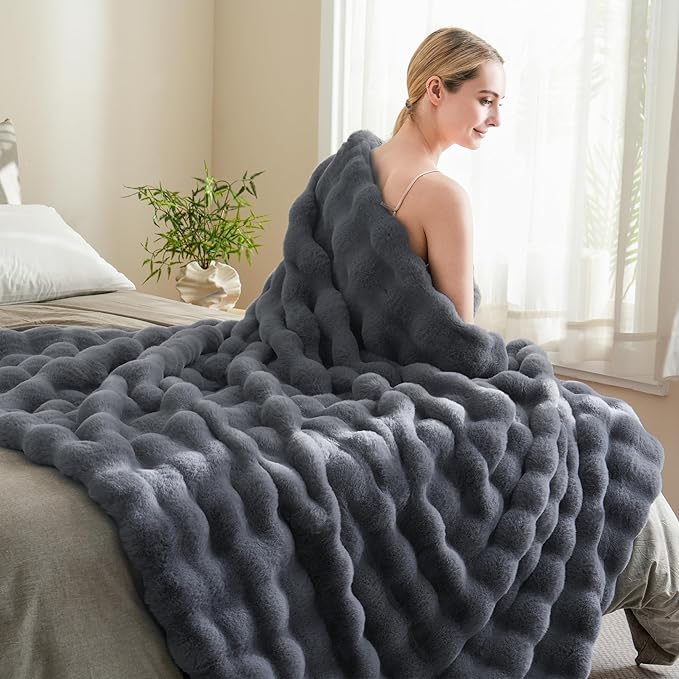 BENVWE Faux Fur Throw Blanket for Couch Bed - Fluffy Soft Thick Bubble Blanket for Living Room Home Decor - Fathers Day Birthday Gifts for Women Men, Grey, 63