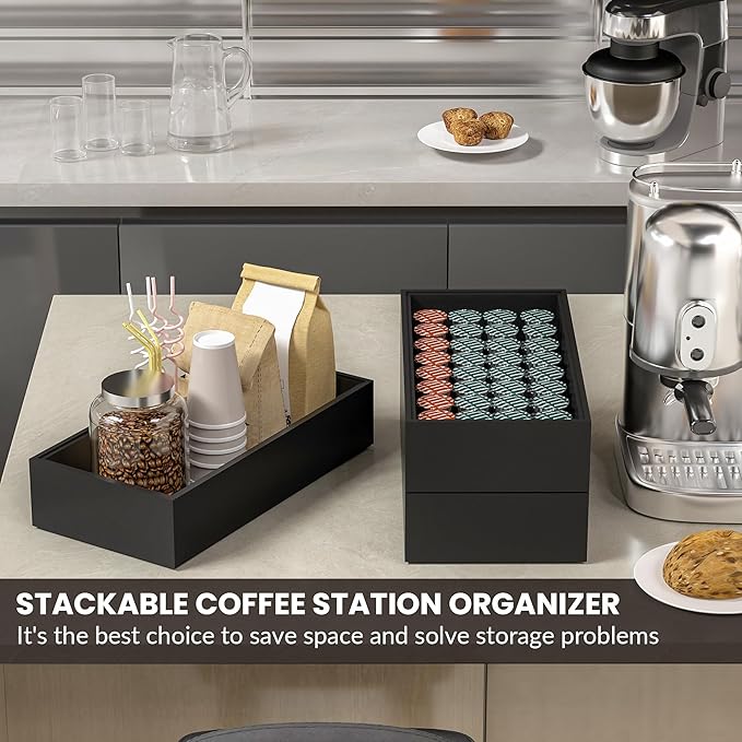 Kitchen Drawer Organizer Bins, Stackable Bamboo Drawer Organizer for Silverware, Coffee Pod Organizer K Cup Holder for Countertop, 2 Pcs Coffee Station Organizer Black 12