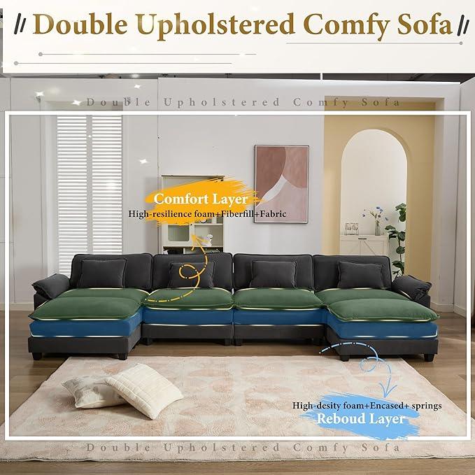 URRED Modular Sectional Sofa Comfy Cloud Couch, Modern Velvet Sofa Sleeper Deep Seat Couches with Ottoman/Pillows for Living Room (Dark Gray, 154'' - U Shape)