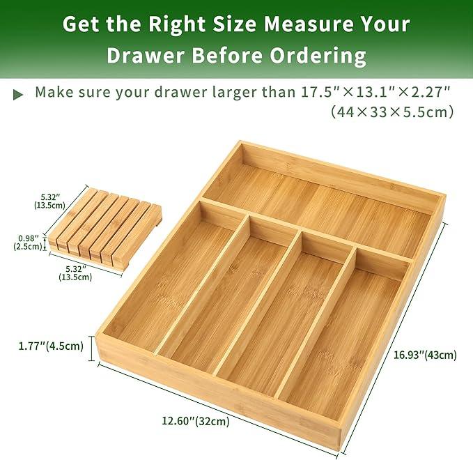 VaeFae Bamboo Silverware Organizer (Non-expandable), Utensil Holder for Drawer, Wooden Cutlery Tray with Divider for Kitchen Drawer, Utensil Organizer with Knife Block
