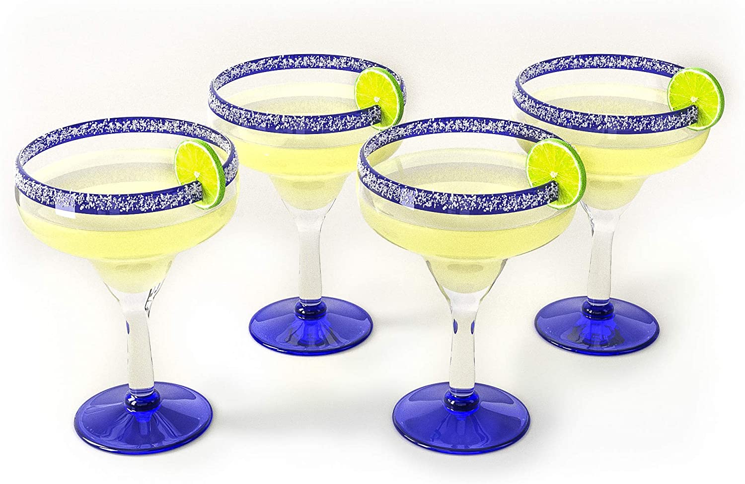 Mexican Hand Blown Glass – Set of 4 Large 16oz, Cobalt Blue Rim Line, Luxury Margarita & Cocktail Glasses, Mexico Design Large 16oz Cobalt Cinco de Mayo - The Wine Savant, Dishwasher Safe Glassware