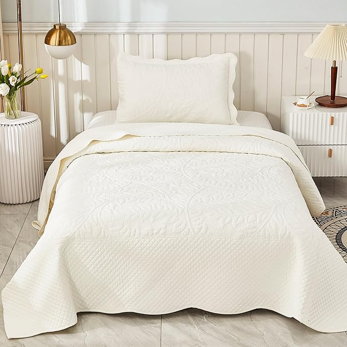 MarCielo 3-Piece 100% Cotton Oversized Bedspread Lightweight Quilt Coverlet Embroidery Farmhouse Bedding Set T0 (Bright White, Twin (68