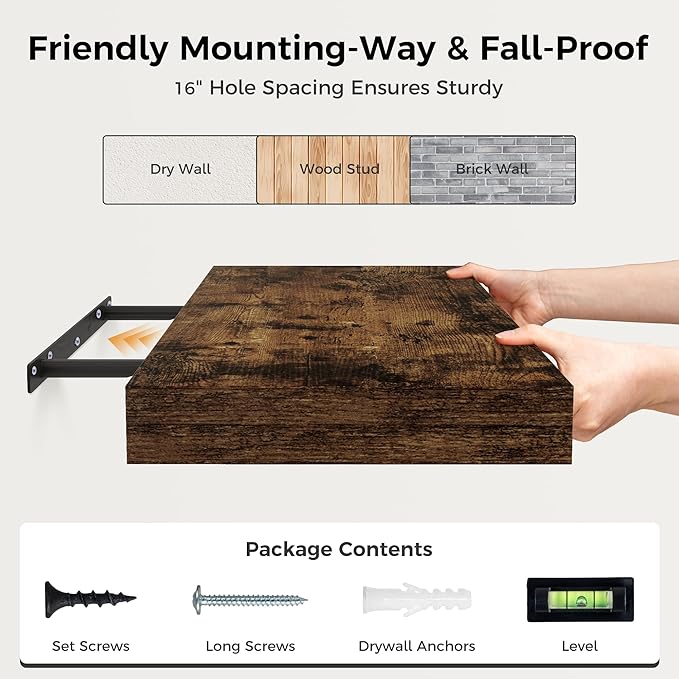 12 Inch Deep Floating Shelves, 24 x 12 Floating Shelf for Books, Rustic Wood Deep Wall Shelves for Home Storage & Display, 2