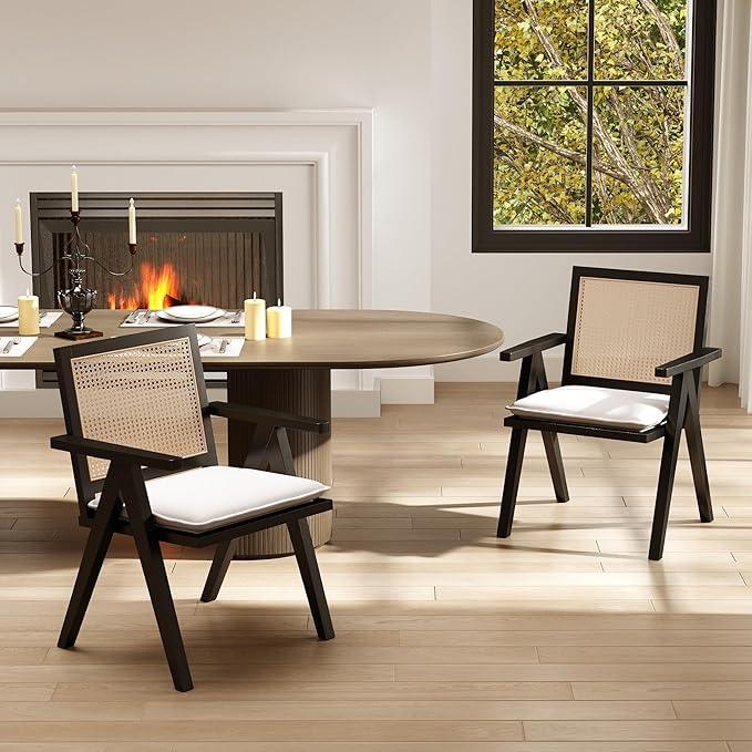 Rattan Dining Chairs Set of 2, Farmhouse Wicker Dining Chairs with Removable Linen Cushion Accent Cane Armchair for Dining Room Kitchen Restaurant, Black