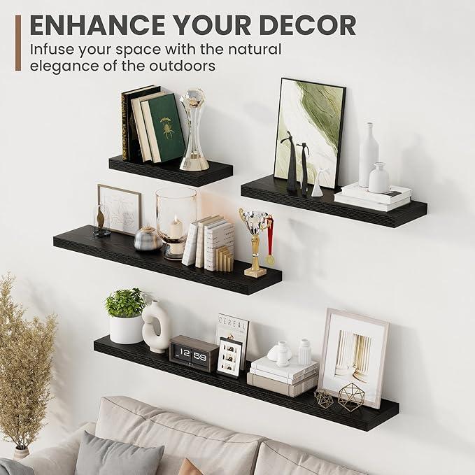 48 Inch Floating Shelves, 8 Inch Deep Floating Shelves for Wall, Hanging Shelf with Invisible Brackets, Deep Shelves for Bathroom, Bedroom, Living Room, Black, Set of 1