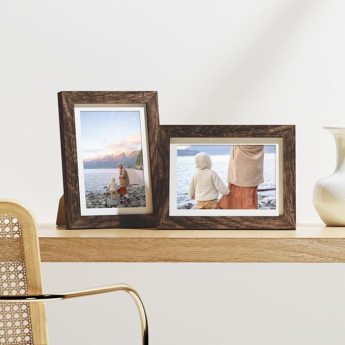 Vittanly 5x7 Picture Frames Set of 9, Shatter Resistant Plexiglass, Display 4x6 Pictures with Mat or 5x7 without Mat, Photo Frames for Wall or Tabletop, Engineered Wood, Brown