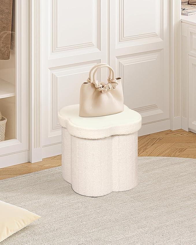 B FSOBEIIALEO Storage Ottoman Cube, Flowers Shaped Ottomans with Storage Foot Stool Footrest for Lving Room, Boucle Ottoman Seat for Dorm Room,Faux Teddy Fur, Cream White 12.6
