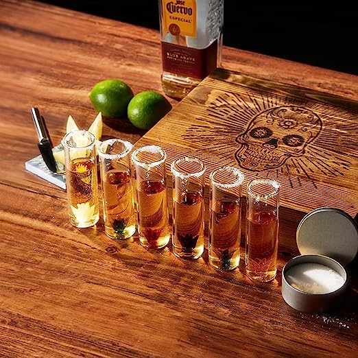 Tequila Shot Glass & Salt Gift Set for Men & Women | Six Agave Shot Glasses, Knife For Limes, One Skull Coaster, One Salt Tin | Skeleton Mahogany Wood Box Package For Tequila, Liquor Lovers