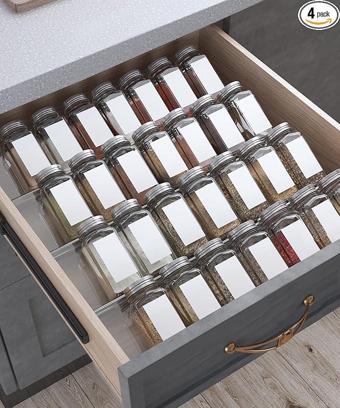 Antimbee Spice Drawer Organizer, 4 Tier- 4 Pack Acrylic Spice Rack Tray for Drawer, Expandable From 13