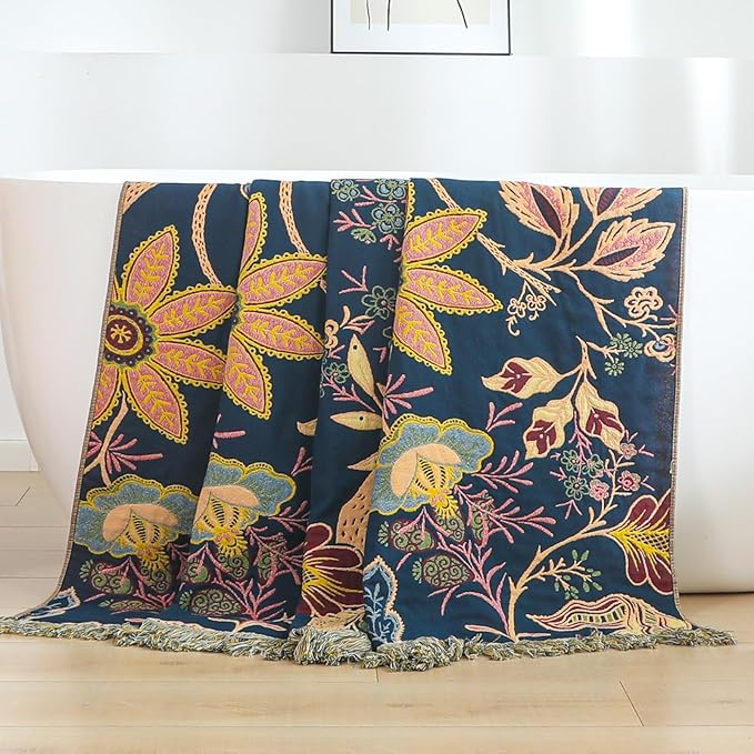 Boho Cotton Throw Blanket - Ultra-Soft Rustic Quilt for Bed, Home Decor & Travel - Large 60