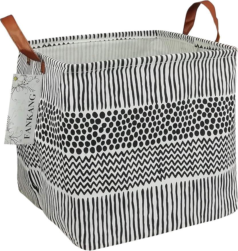 FANKANG Square Nursery Hamper Storage Bins Canvas Laundry Basket Foldable with Waterproof PE Coating Storage Baskets Gift Baskets for Children, Office, Bedroom, Clothes（Square-Black Lines ）