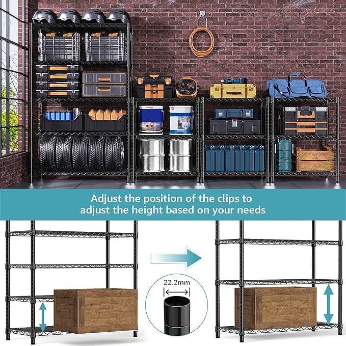 5-Shelf Storage Shelves,Wire Shelving Heavy Duty Metal Storage Shelving Unit Adjustable Garage Shelving Rack Pantry Kitchen (Black, 5 Tier,17.7