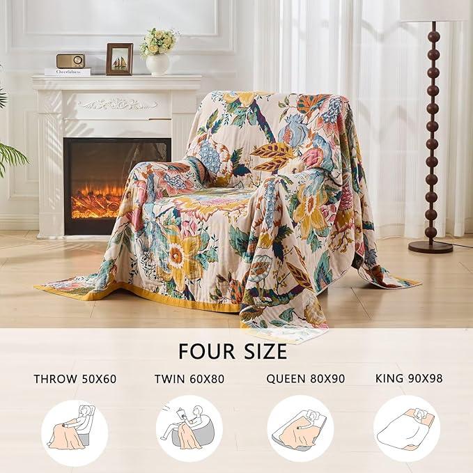 Boho Throw Blanket for Bed, Double Sided Floral Decorated Bohemian Couch Blanket, Lightweight Breathable 100% Cotton Throw Blanket,Room, Farmhouse, Bed Decor (Happiness,50