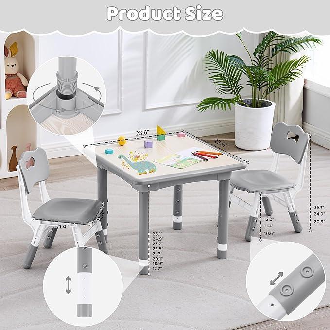 Kids Table and 2 Chairs Set, Height Adjustable (17.7