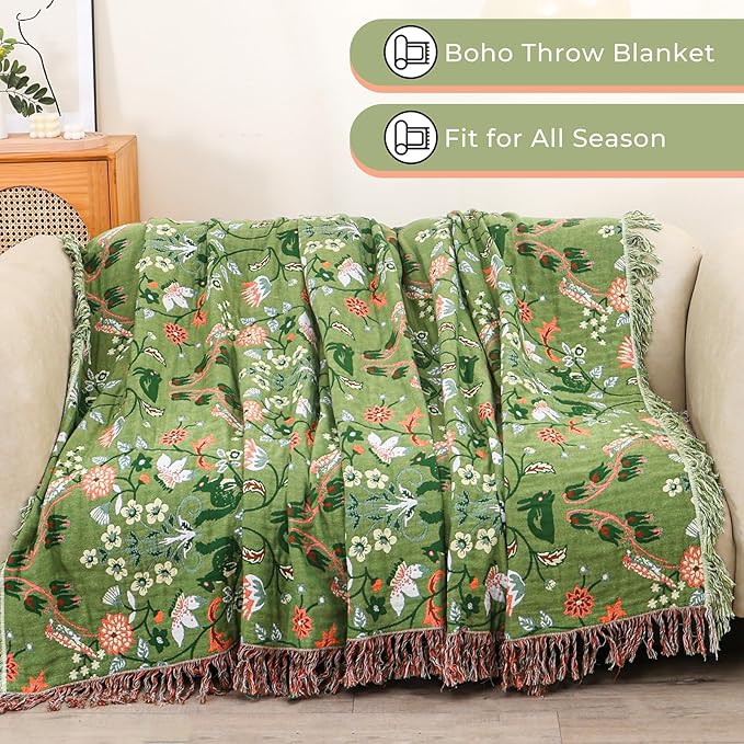 Boho Throw Blanket for Bed, 100% Cotton Ultra Soft Rustic Quilt King Blanket Florals and Animals Printed Farmhouse Decor Large Bed Blankets,90