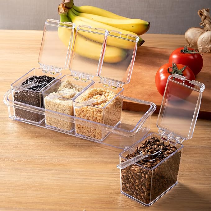 Clear Seasoning Box, 4 Pieces Seasoning Rack Spice Pots, Storage Container Condiment Jars Acrylic Seasoning Box with Covers and Spoons for Spice, Sugar, Salt, Sugar, Cardamon, Cinnamon