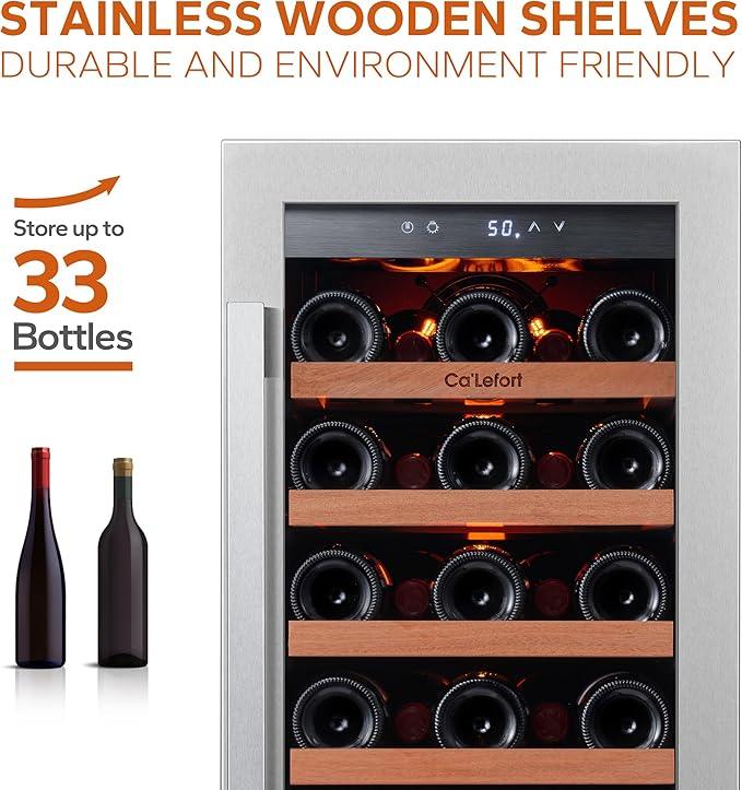 Ca'Lefort 15 Inch Wine Fridge, 33 Bottle Wine Cooler Refrigerator, 40-65°F Wine Refrigerator Glass Door, 3 LED Wine Fridge, Built-in or Freestanding Wine Fridge for Home/Bar/Kitchen (3.0 cu.ft)