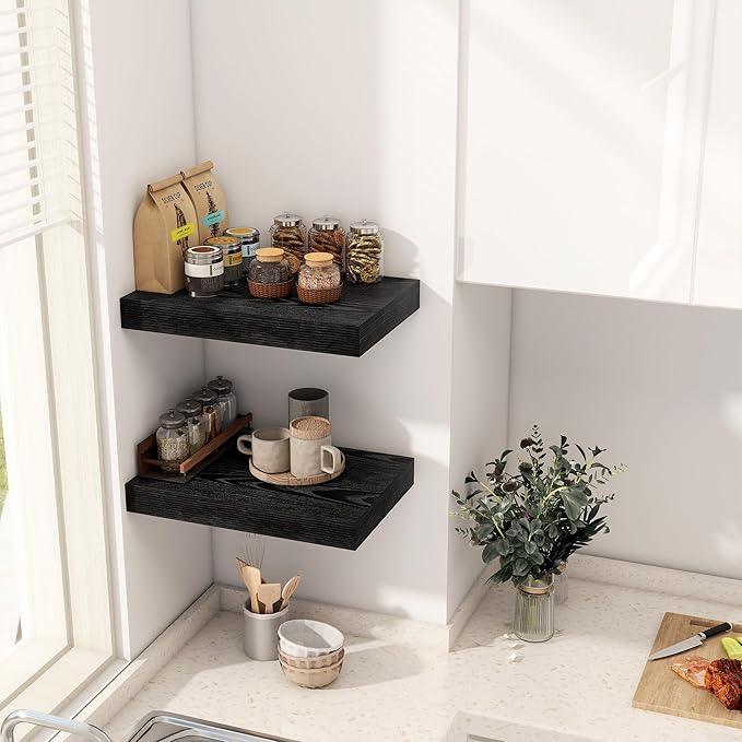 12 Inch Deep Black Floating Shelves, 16 x 12 Floating Shelf for Books, Rustic Wood Deep Wall Shelves for Home Storage & Display, 2