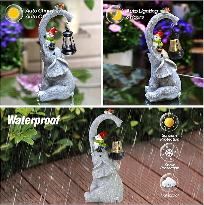 Elephant Statues Garden Decor - Lucky Elephant Outdoor Statues with Solar Powered Lantern, Elephant Statue Gifts for Women,Resin Yard Art for Outdoor & Home Decor(11