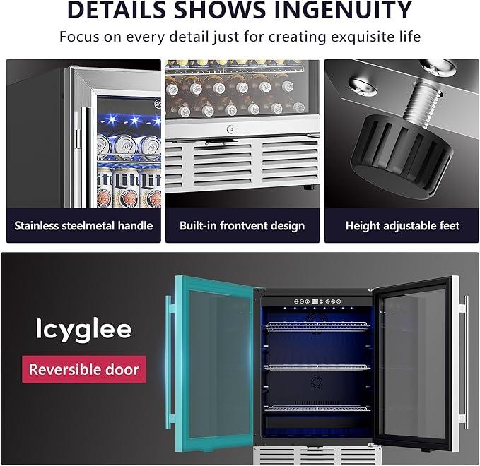 24 Inch Beverage Refrigerator, Beverage Cooler 180 Can Built-in Design, Under Counter Beer Fridge with Glass Door for Soda, Wine, Water - For Kitchen, Office or Bar