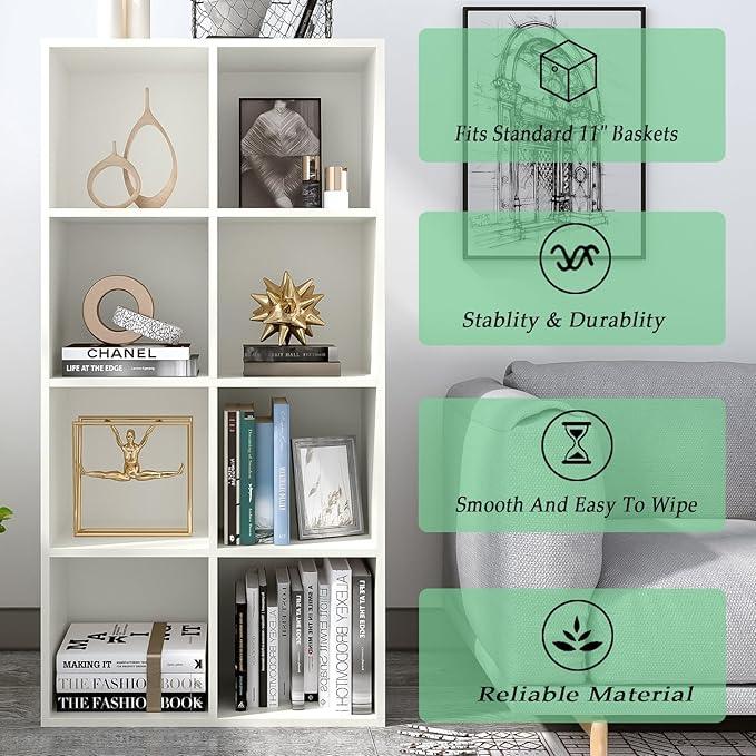 8-Cube Storage Shelf Bookcase - Wooden 4-Tier Floor Standing Open Bookshelf, Modern TV Stand up to 55 Inchs for Home and Office, Warm White