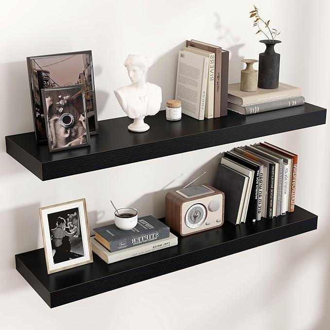Floating Shelves - 2 Large Wall Mounted Shelves with Invisible Brackets, Long Wood Floating Wall Shelf for Living Room, Bedroom, Kitchen (Black, 36