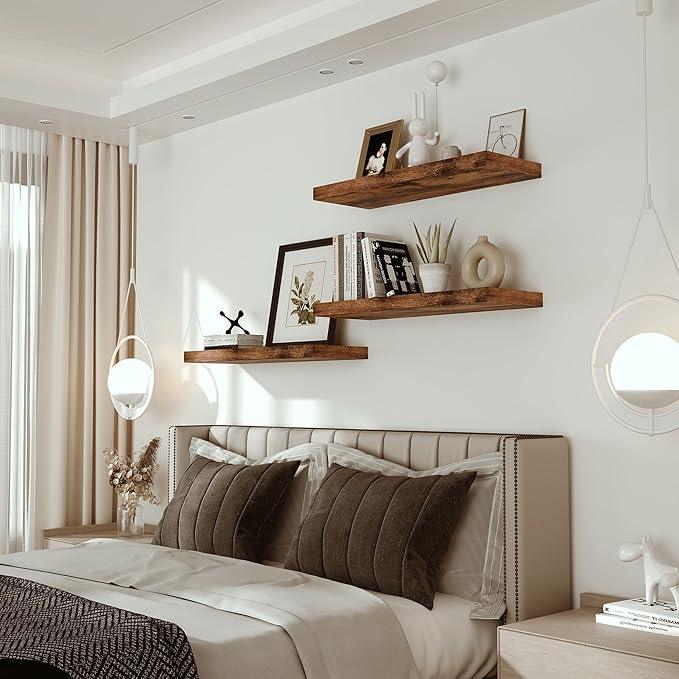 Floating Shelves for Wall 24 inchs Long, 9.1” Deep x 1.5” Thick Wall Shelves for Bedroom, Living Room, Bathroom，Kitchen, Office, Rustic Farmhouse Shelf Decor with Invisible Bracket, Set of 2