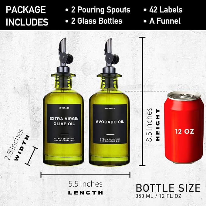 Green Glass Olive Oil Dispenser Bottle For Kitchen By Verpsace,Avocado Oil Dispenser Set, Modern Decor, Gold Kitchen Accessories for Home, Airbnb, Cafe (Black, Set of 2)