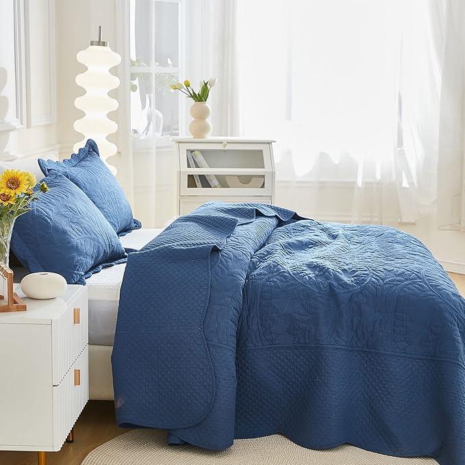 MarCielo 3-Piece 100% Cotton Oversized Bedspread Lightweight Quilt Coverlet Embroidery Farmhouse Bedding Set T0 (Midtone Blue, Oversized King (118