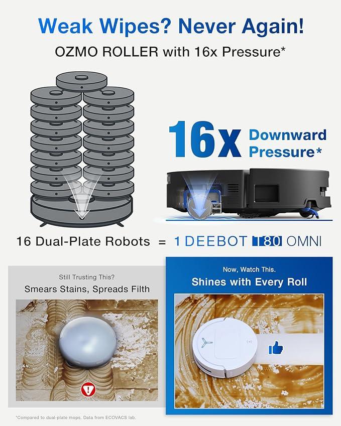 ECOVACS DEEBOT T80 Omni Robot Vacuum and Mop, 18,000Pa Suction, OZMO™ Roller Real-Time Mop Washing, Self-Emptying, Hot Air Drying, AI Navigation, Anti-Tangle Brush, for Pets, Carpets & Hard Floors