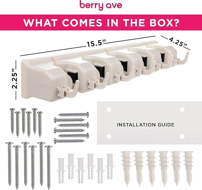 Broom Holder Wall Mount and Garden Tool Organizer, Closet Storage, Kitchen Rack, Home Organization and Garage Organizer for Rake or Mop Handles Up to 1.25-Inches, Hanger Plus 6 Hooks (BEIGE, 1 PACK)