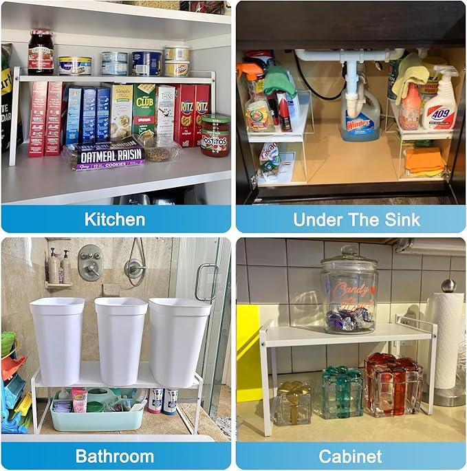 11'' Wide Expandable Cabinet Shelf Organizer Rack Adjustable Length 14''-26'' Pantry Shelf Spice Rack Heavy Duty Nonslip Kitchen Counter Storage Shelves Pantry Cupboard Under Sink Countertop White