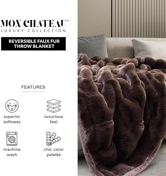 Mon Chateau Premium Reversible Luxury Faux Fur Throw for Couch, Sofa, or Bed - Plush Cozy Soft Blanket for Sleeping or Home Décor, 60