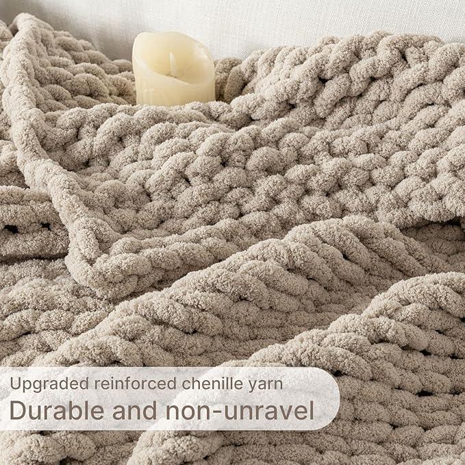 Chunky Knit Blanket Throw, 100% Hand Knit Throw Blanket Handmade Chenille Cable Knit Throw for Couch, Stylish Cozy Soft Rope Knot Crochet Blanket for Home Decor, Beige Linen, 40x50 Inches