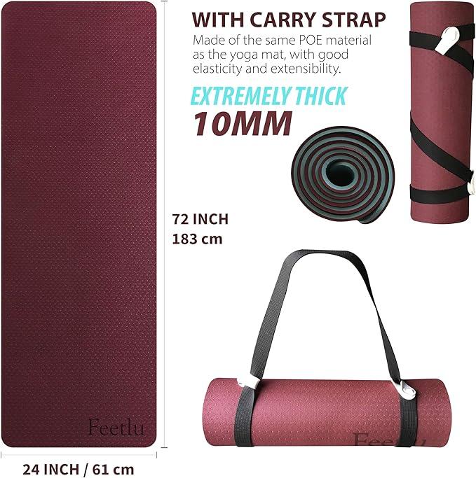 Extra Thick Exercise Yoga Mat with Strap - 2/5 Inch (10MM), Non-Slip Workout Mat for Yoga, Pilates, and Floor Exercises