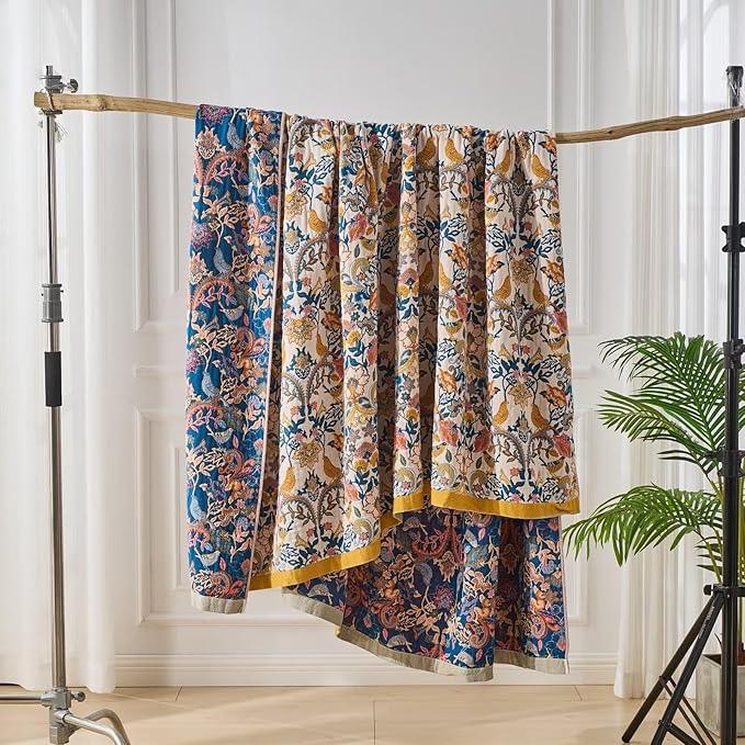 Boho Throw Blanket for Couch,100% Cotton Summer Blanket for Bed, Ultra Soft Rustic Quilt for Bed, Home Decor, Boho Picnic Blankets with Bird and Flowers for All Seasons,Twin 60