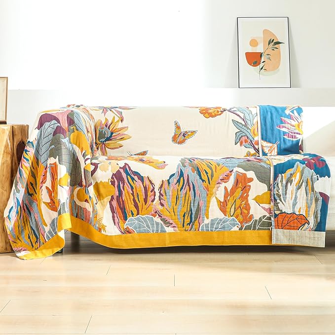 Boho Throw Blanket for Bed,100% Cotton Breathable Muslin Soft Throw, Fall Bed Throw Blanket Floral Bird Butterfly Printed Decor Large Blankets,80