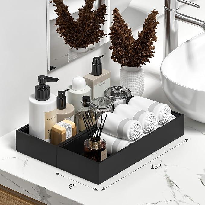 Kitchen Drawer Organizer Tray, Stackable Black Bamboo Drawer Organizer for Large Silverware, Utensils, Cutlery, Flatware, Junk, Dresser, Bathroom, 17