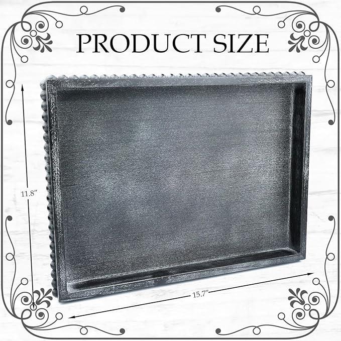 Rectangle Wood Serving Tray with Beads, Black Washed Wooden Decorative Tray for Entertaining, Decoration, and Gifting