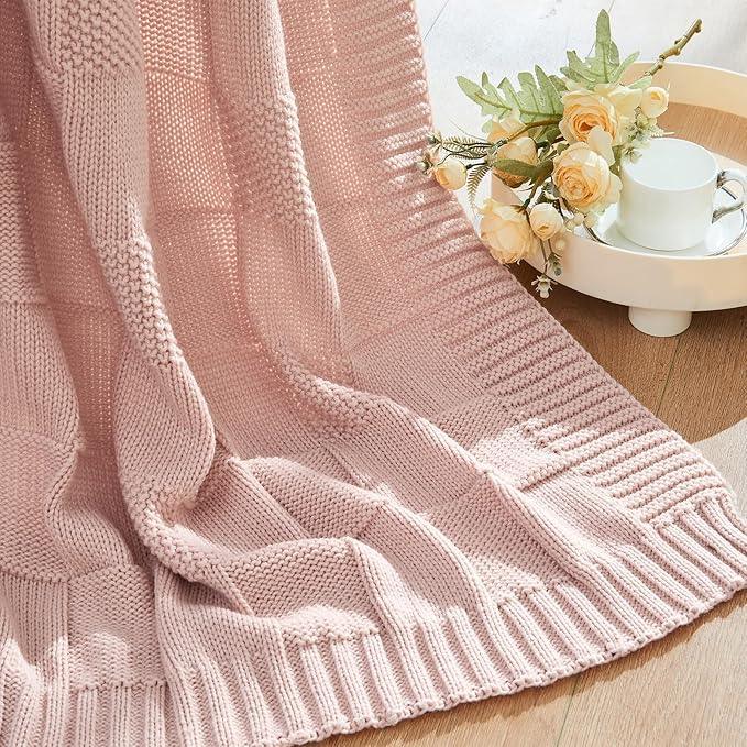 CozeCube Check Knit Throw Blanket, Pink Checkered Throw for Couch, Decorative Christmas Soft Cozy Warm Knitted Blanket for Bed Sofa Living Room, 50