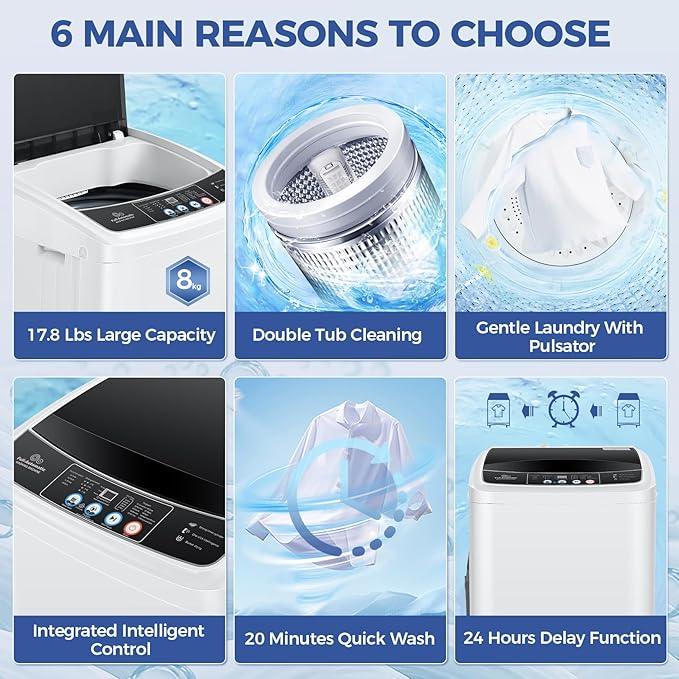 17.8Lbs Portable Washing Machine Nictemaw Portable Washer, 2.3 Cu.ft Washer and Dryer Combo with Drain Pump, 10 Programs 8 Water Level Compact Laundry Washer for Home, Apartment, RV, Dorms