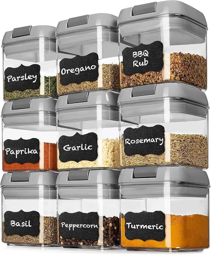 Shazo 9 PC Airtight Food Storage Containers - BPA Free Clear Plastic Snack & Spice Containers with Easy Lock Lids - Kitchen and Pantry Organization for Herbs, Coffee, Tea - 0.5L / 2.1 Cups