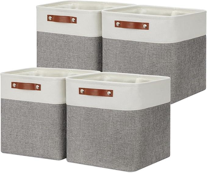 DULLEMELO [Set of 4 Storage Cubes Baskets for Organizing, 12 x 12 x 12 inch Cube Storage Organizer Bins with Leather Handles, Foldable Fabric Cloth Bins for Cube Storage(4 Pack - 12