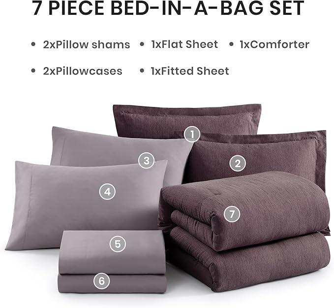 Monbix Queen Comforter Set - 7 Pieces Cationic Dyeing Italian Plum Bed in a Bag Queen Bedding Sets with Comforter, Sheets, Pillowcases & Shams, Reversible Bedding Comforters Sets