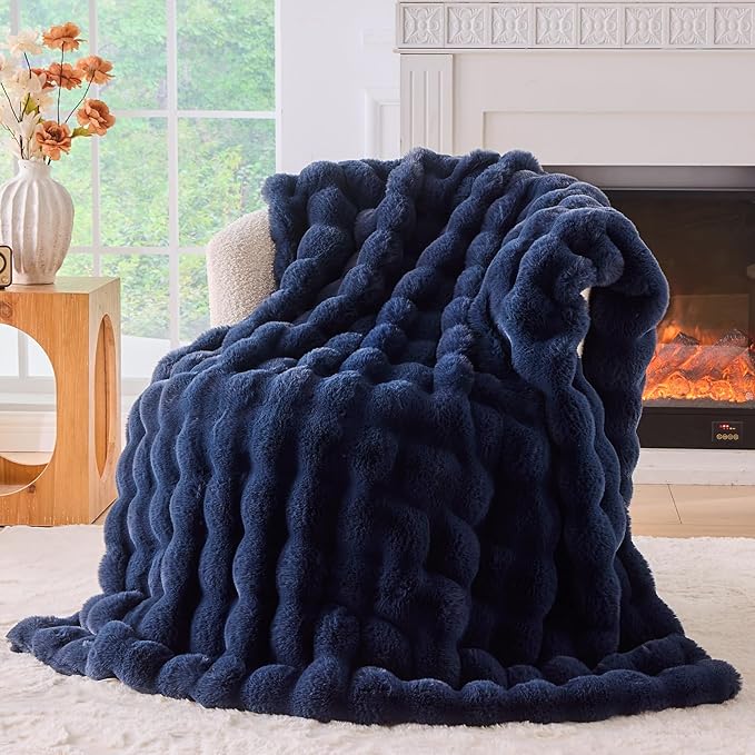 BENVWE Fluffy Faux Fur Throw Blanket for Couch, Soft Plush Thick Cozy Fuzzy Luxury Minky Bubble Blanket for Home Living Room Decor Gift for Women, Navy Blue, 51