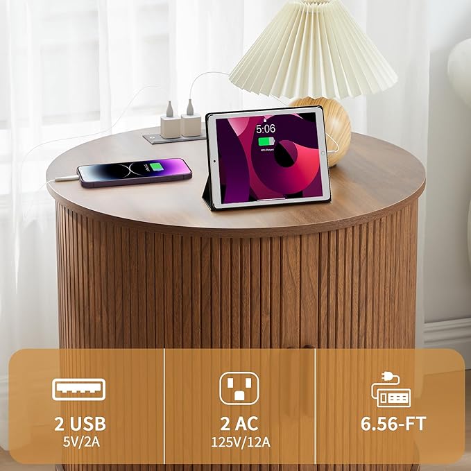 Farmhouse Round End Table with Charging Station, 24